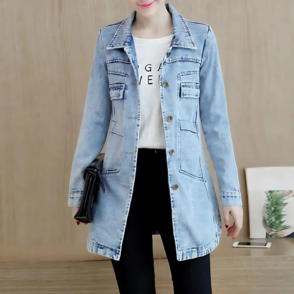 Lange Jeansjacke Frauen Stickdetails Vintage Style