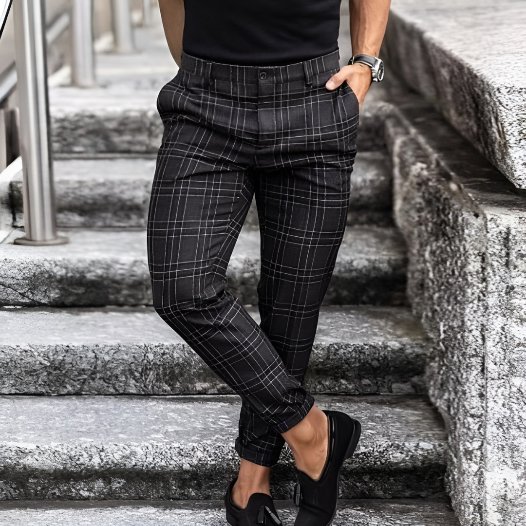 Herrenhose Slim Fit Karomuster Elegant Schwarze Hose - BerlinGlamour