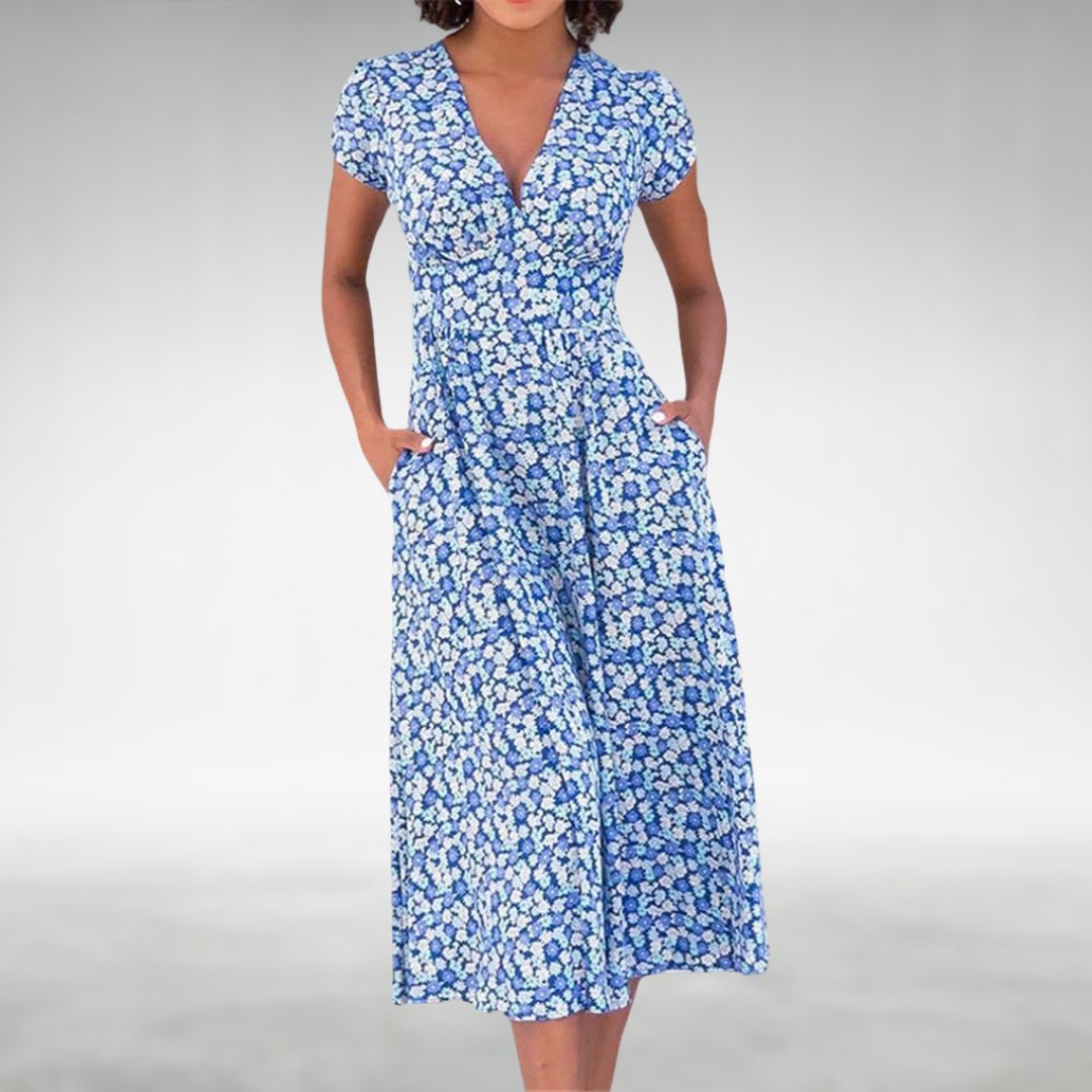 Sommerkleid Damen Blumen Midi Kleid mit V-Ausschnitt und Taschen - BerlinGlamour