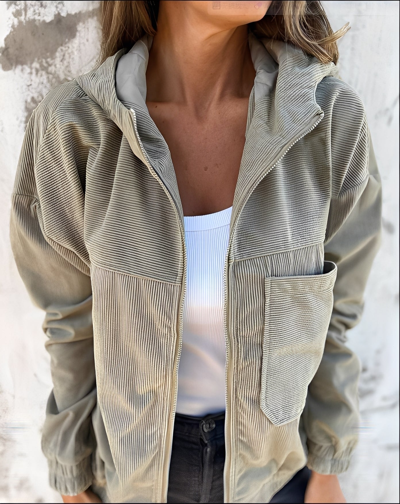 Frauen Cordjacke Lässig Mit Kapuze Trendig