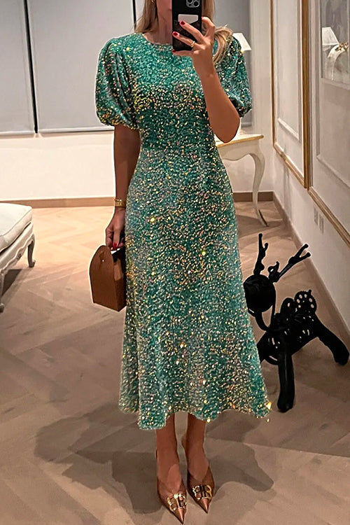 Pailletten Partykleid Kurzarm Tailliert Glitzernd Midi