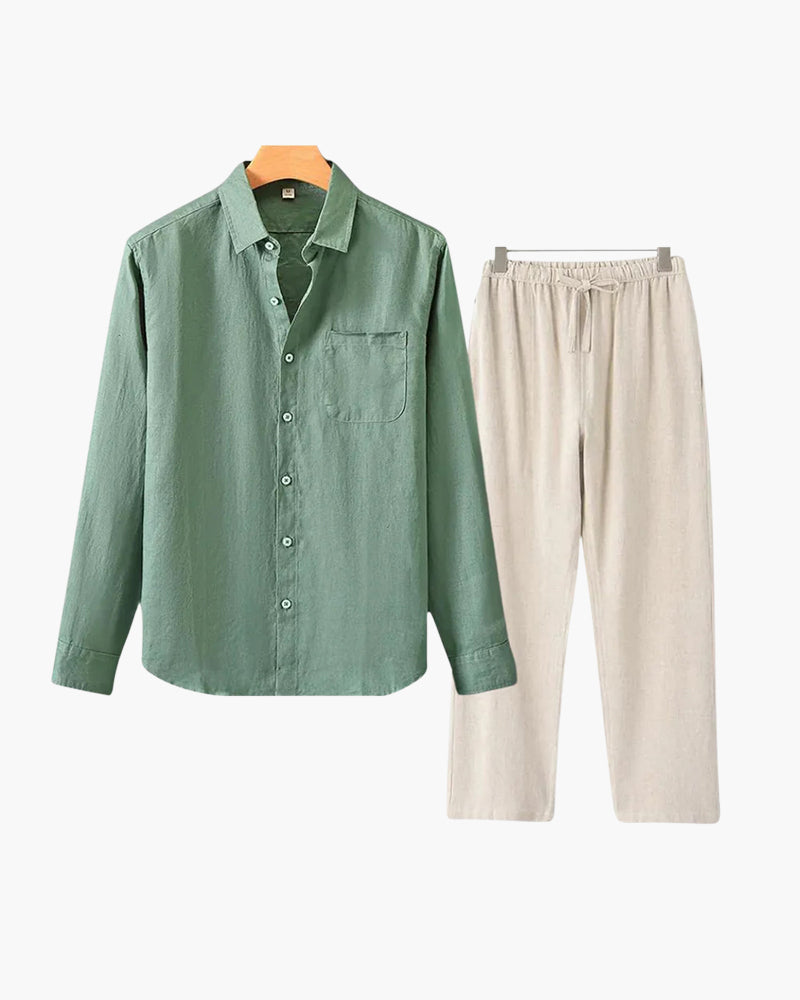 Herren Leinenanzug Sommer Zweiteiler Langarm Hose Hemd Set - BerlinGlamour