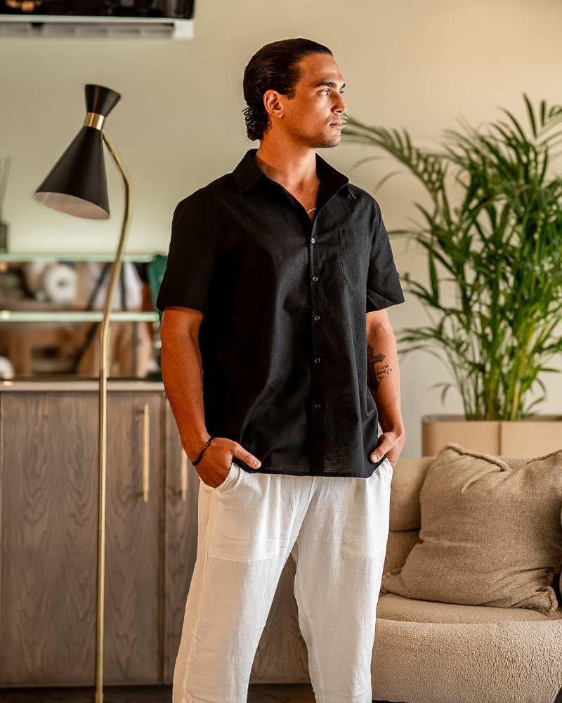 Herren Leinenhemd Kurzarm Sommer Modern mit Brusttasche