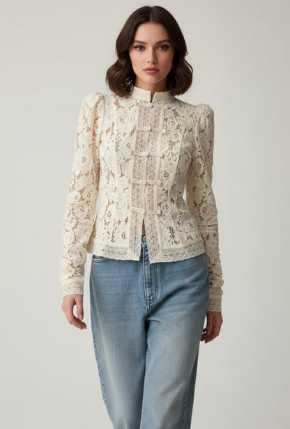 Elegante Spitzenbluse Damen Stehkragen Feminin - BerlinGlamour