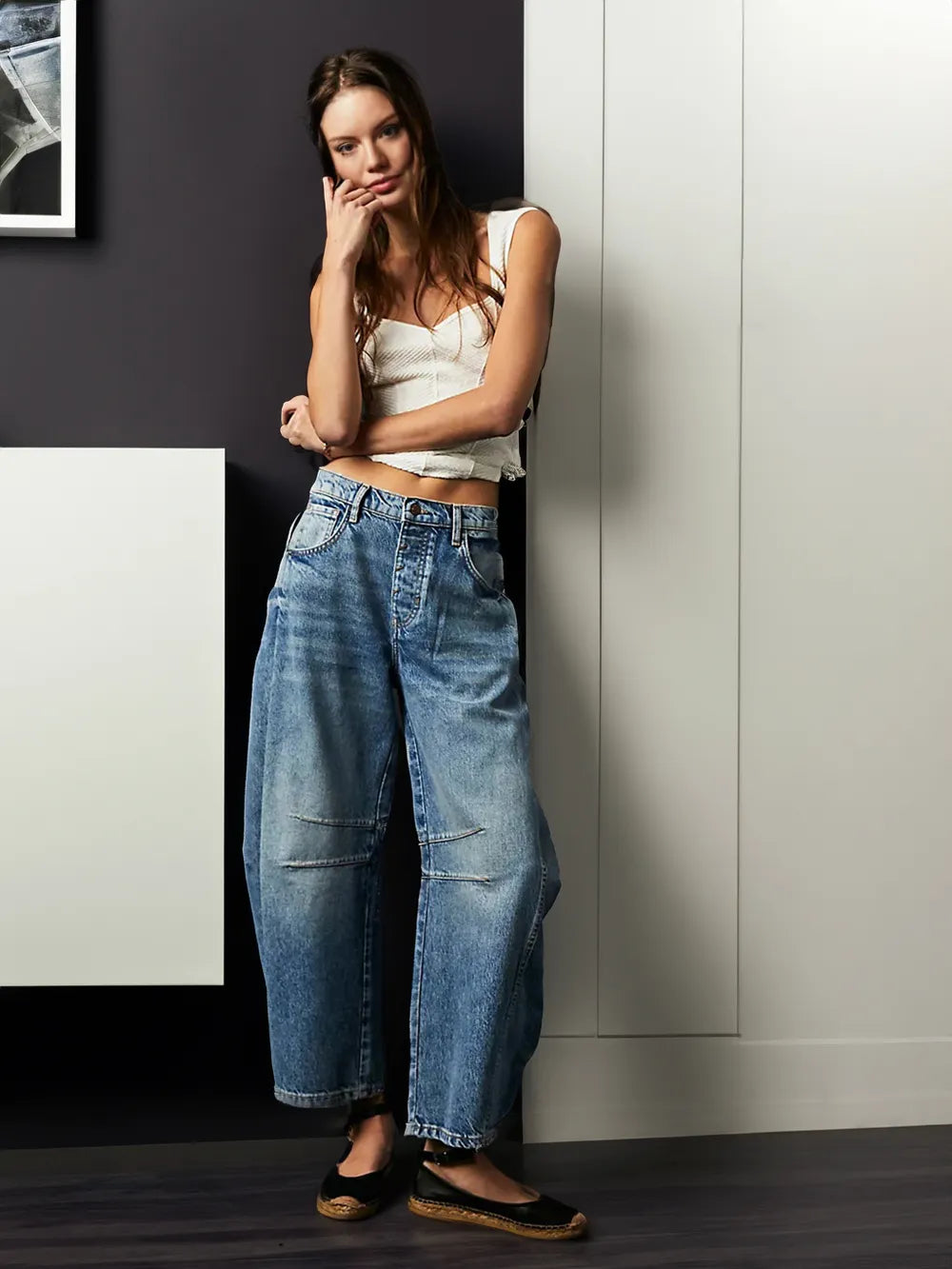 Damen Jeans Weit Bein Schnitt mit Deko Nähten - BerlinGlamour