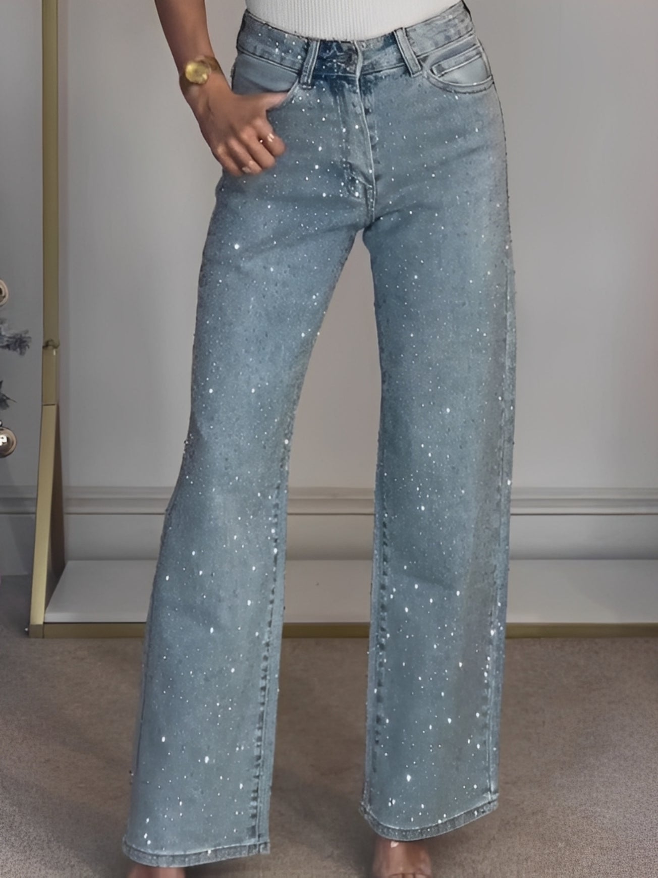 Glitzerjeans Damen Hochwertig Hohe Taille Glitzer Effekt - BerlinGlamour