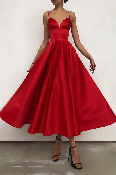 Elegantes Damenkleid Midi Spaghettiträger Abendkleid
