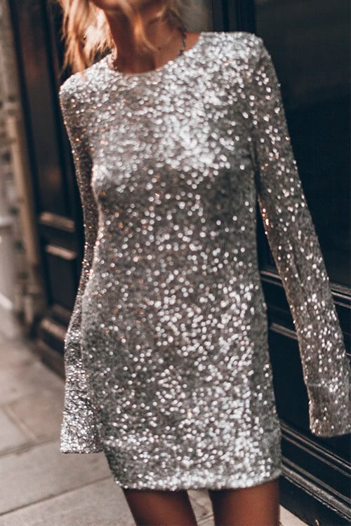 Kleid Mit Pailletten Lange Ärmel Mini Partykleid