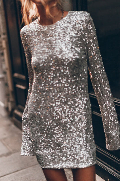 Kleid Mit Pailletten Lange Ärmel Mini Partykleid