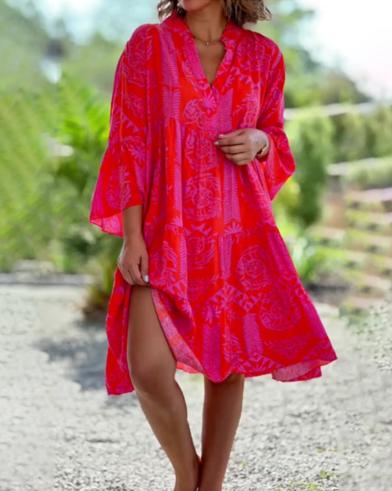Boho Kleid 3/4 Ärmel Geometrischer Druck Frauen