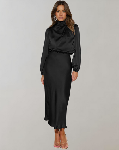 Elegantes Frauenkleid Satin Langärmlig Hochgeschlossen