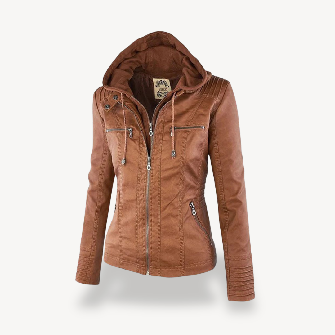Wasserdichte Lederjacke Damen Kapuze Schwarz Ledermantel