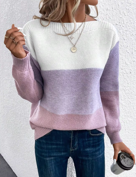 Elegante Patchwork Pullover Damen Modern Dreifarbig