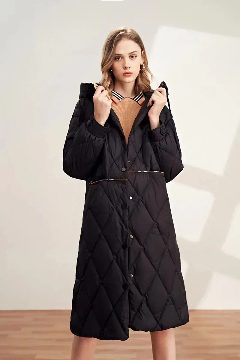 Langer Damenmantel mit Kapuze Diamant Muster Warm - BerlinGlamour