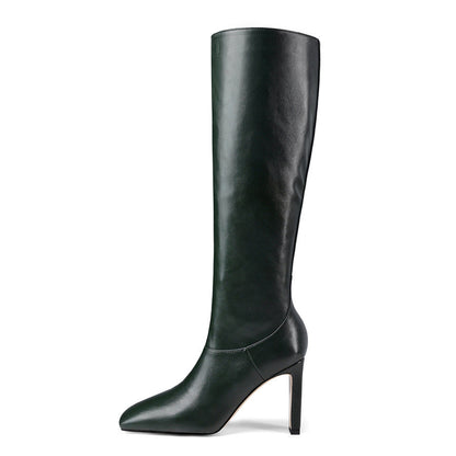 dunkelgrüne kniehohe Stiefel mit Absatz für elegante Damenlooks