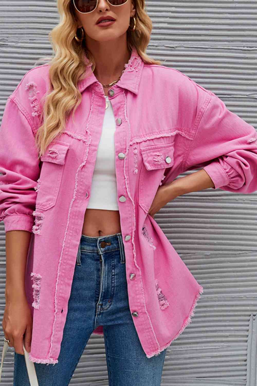Rohsaum Denimjacke Zerrissen Trendig Frauenjacke