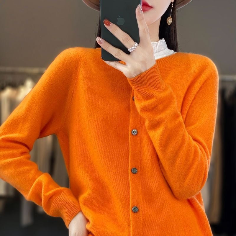 Damen Strickjacke Merino Wolle Rundhals Langärmlig