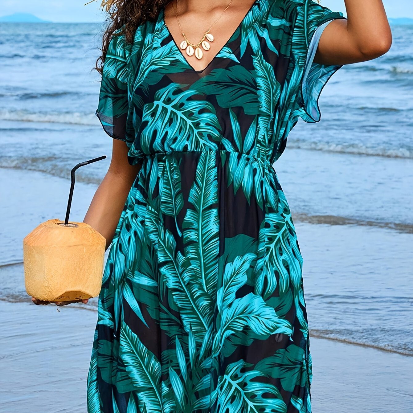 Boho Strandkleid mit V-Ausschnitt und Blumenmuster