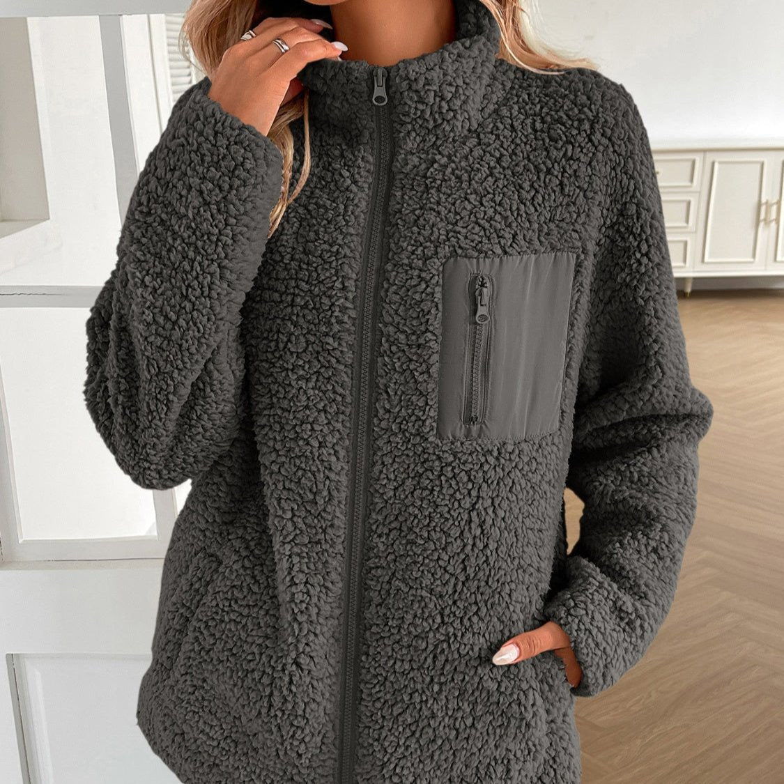 Fuzzy Jacke Damen Warm Winterlich Lässig Zip Up