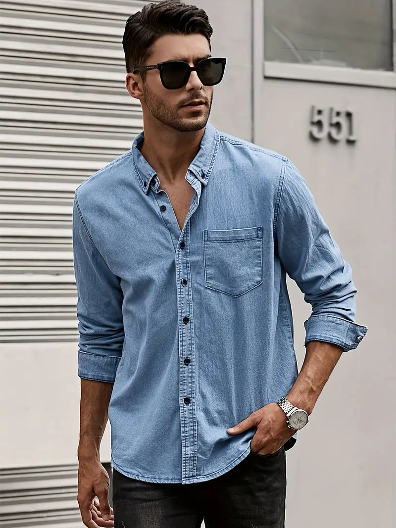 Herren Hemd Denim Blau Langarm Klassisch - BerlinGlamour