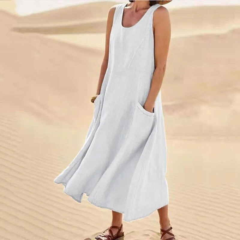 Leinenkleid Damen Ärmellos Sommerkleid mit Taschen