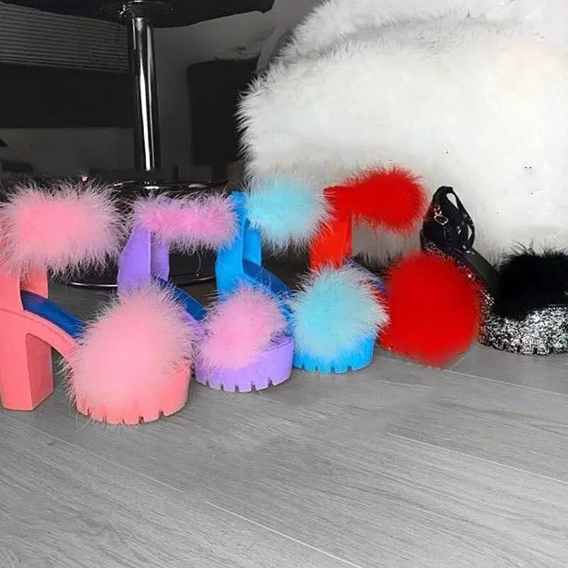 Damen Hochhackige Sandalen Flauschig Sommer Mode