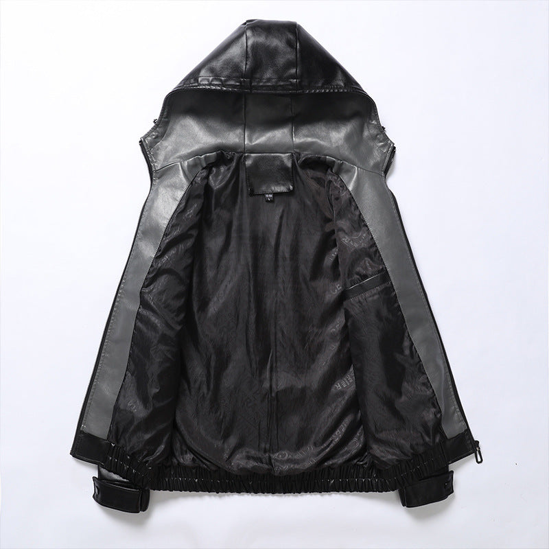Herren Lederjacke Leicht Kapuze Reißverschluss Taschen Modern