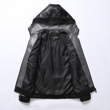 Herren Lederjacke Leicht Kapuze Reißverschluss Taschen Modern