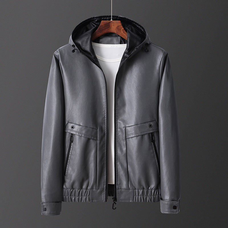 Herren Lederjacke Leicht Kapuze Reißverschluss Taschen Modern