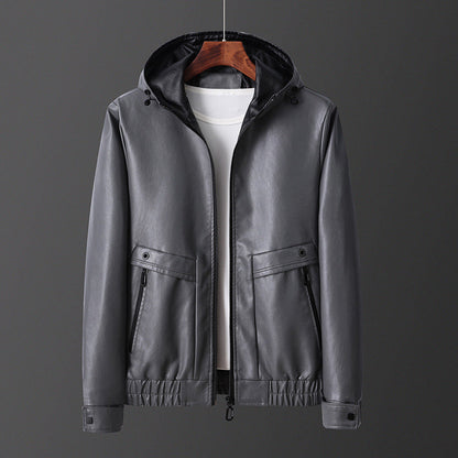 Herren Lederjacke Leicht Kapuze Reißverschluss Taschen Modern