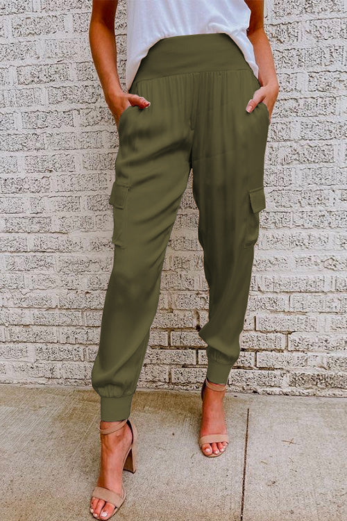 Hochwertige Satin Hose Damen Hohe Taille Mit Taschen