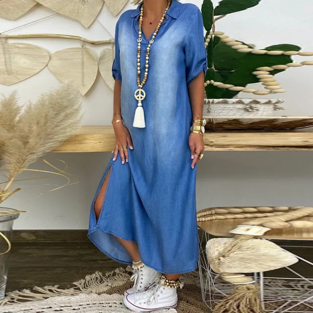 Damen Maxikleid Denim Lässig Kragen Trendy