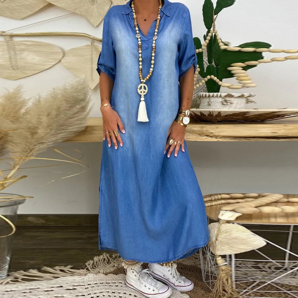 Damen Maxikleid Denim Lässig Kragen Trendy