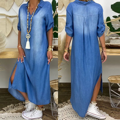 Damen Maxikleid Denim Lässig Kragen Trendy