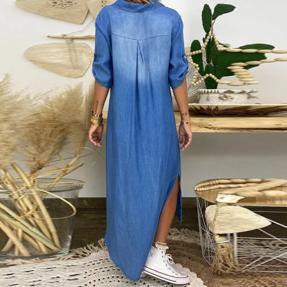 Damen Maxikleid Denim Lässig Kragen Trendy