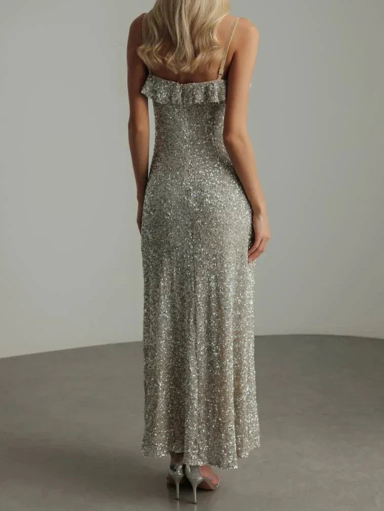 Ärmelloses Rüschenkleid Glitzernd Partykleid Damen