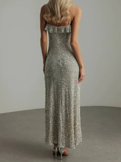 Ärmelloses Rüschenkleid Glitzernd Partykleid Damen