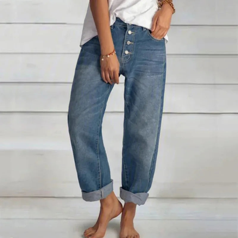 Damen Jeans Weit Bein Knopfleiste Comfort - BerlinGlamour