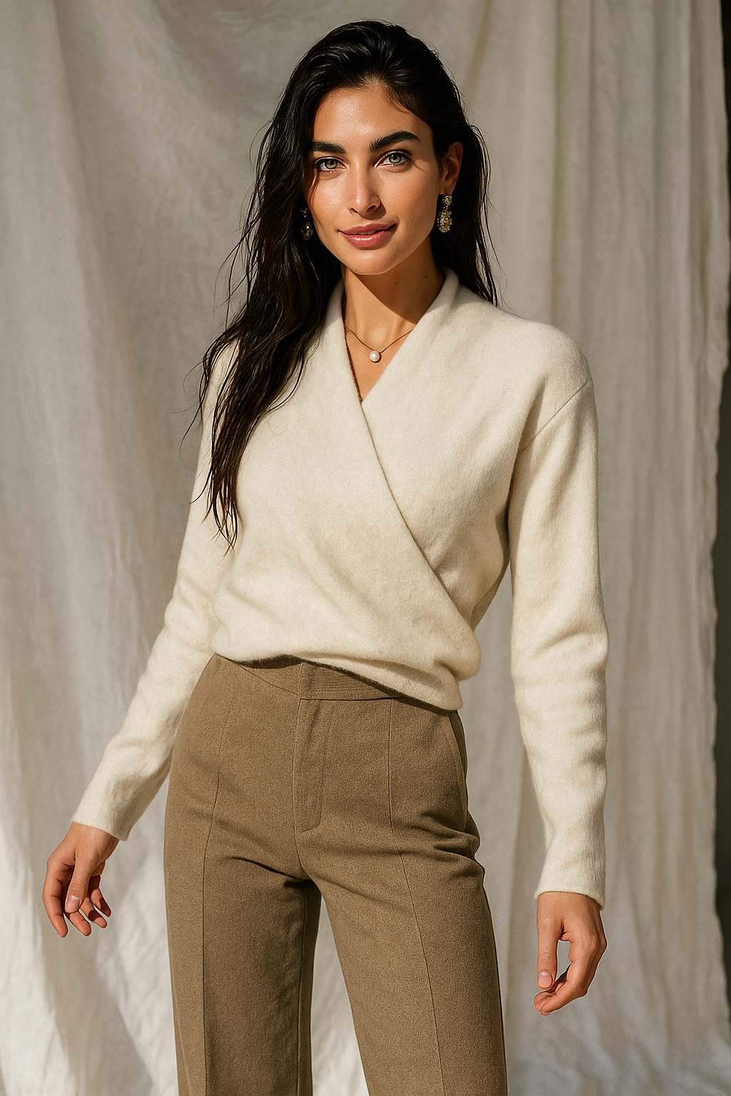 Damen Wickelpullover V-Ausschnitt Weich Warm Winter