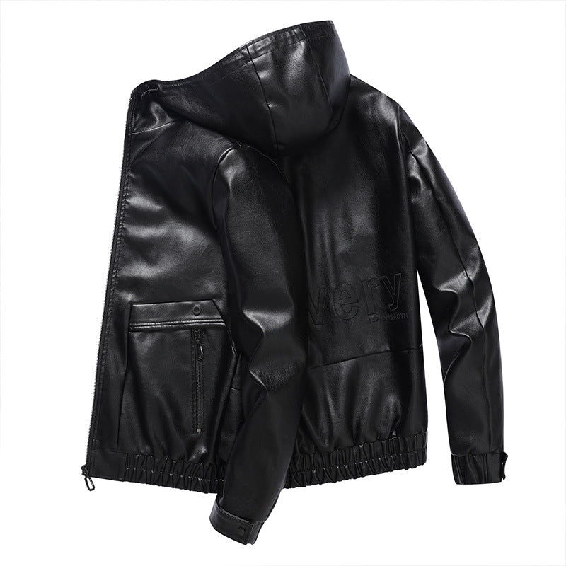 Herren Lederjacke Leicht Kapuze Reißverschluss Taschen Modern - BerlinGlamour
