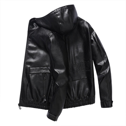 Herren Lederjacke Leicht Kapuze Reißverschluss Taschen Modern - BerlinGlamour