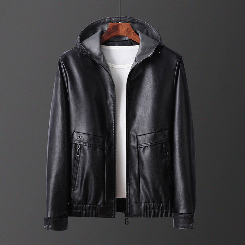 Herren Lederjacke Leicht Kapuze Reißverschluss Taschen Modern