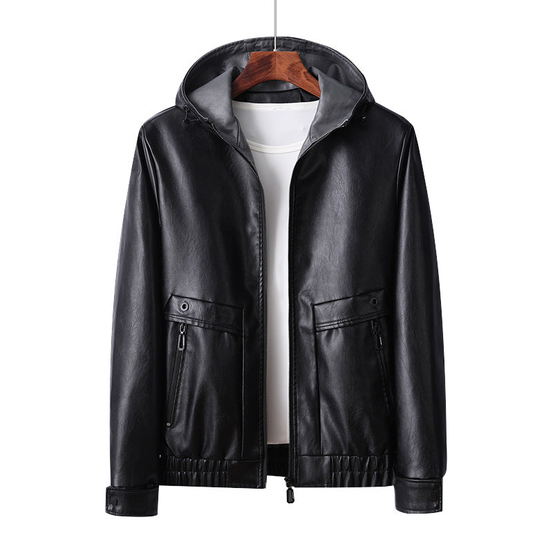 Herren Lederjacke Leicht Kapuze Reißverschluss Taschen Modern