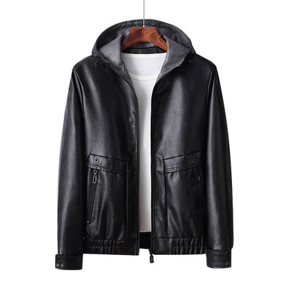 Herren Lederjacke Leicht Kapuze Reißverschluss Taschen Modern