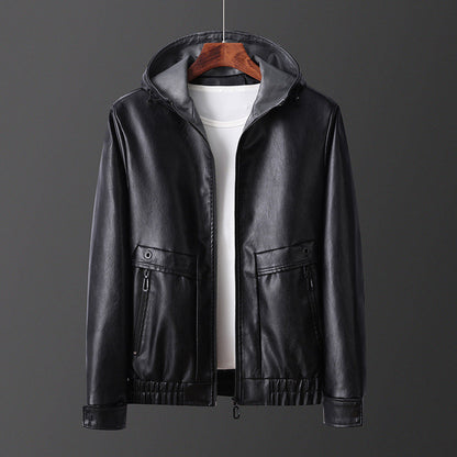 Herren Lederjacke Leicht Kapuze Reißverschluss Taschen Modern