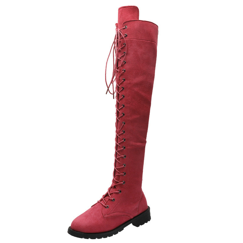 Damen Stiefel Überknie Weiches Wildleder Schnürstiefel