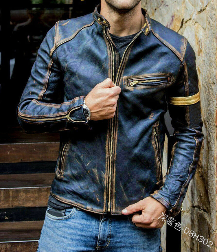 Leder Bikerjacke Herren Steppdetail Schwarz