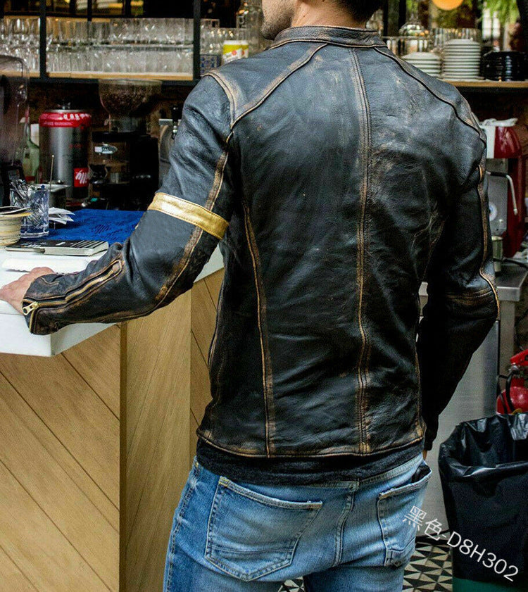 Leder Bikerjacke Herren Steppdetail Schwarz