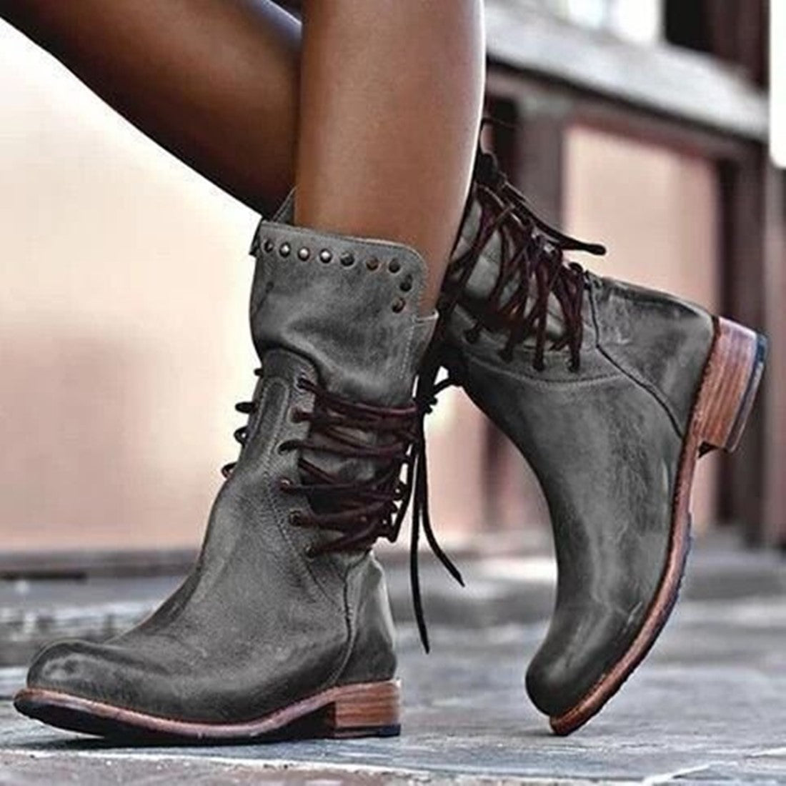 Damen Schnürstiefel Robust Nieten Stiefel Schwarz