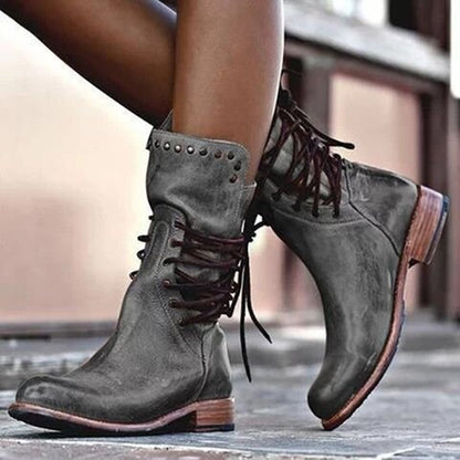 Damen Schnürstiefel Robust Nieten Stiefel Schwarz